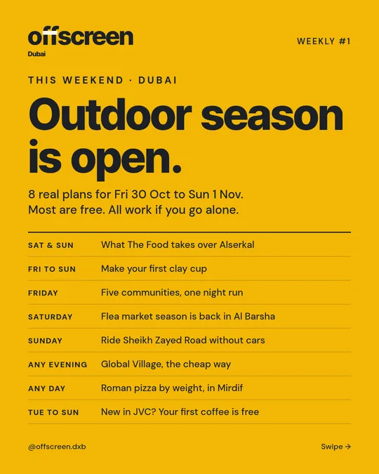 Instagram carousel cover: Outdoor season is open, 8 real plans for Fri 30 Oct to Sun 1 Nov