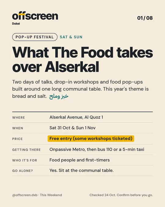 Carousel slide: What The Food takes over Alserkal, with where, when and price